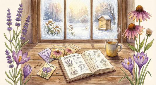 Winter garden planning for bees - workspace with pollinator flower seeds, garden journal, and view of a snow-covered beehive