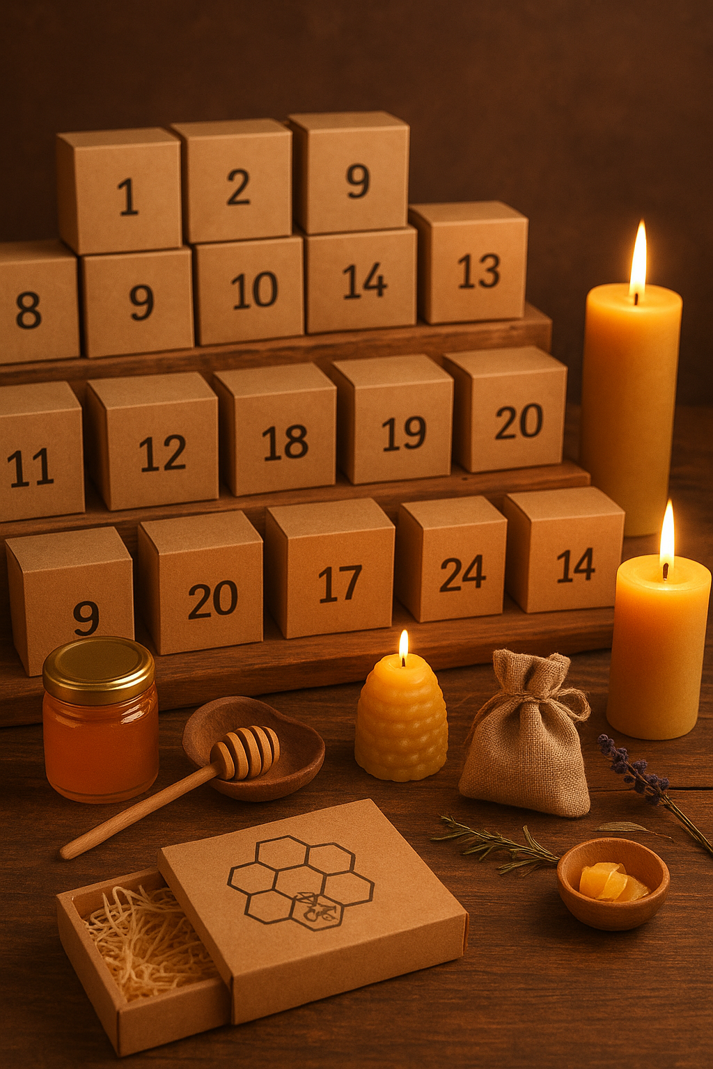 Merry and natural Advent calendar with honey jars, beeswax candles, and small wooden boxes – inspired by the magic of beekeeping and Christmas.